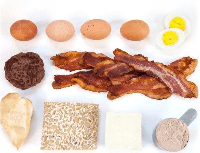 30g of high protein rich food examples like 5 eggs, strips of bacon, protein powder scoop