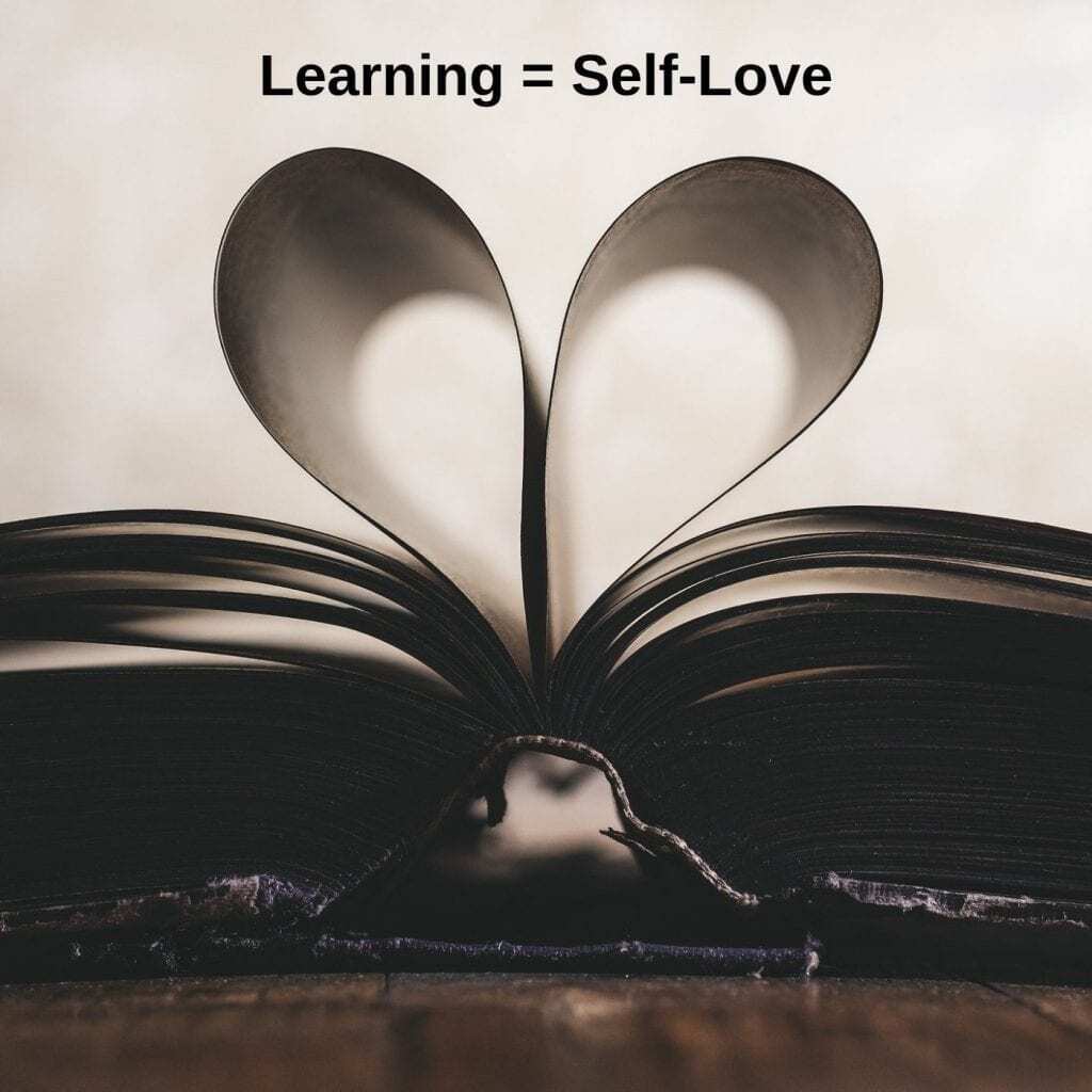 picture of book with pages open and words coming out of the book that read learning = self-love for Free intuitive eating group saturday 12pm