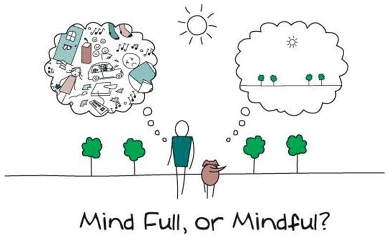 mindful or mind full image with two thought bubbles one with clutter and the other with simplicity