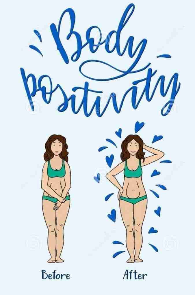 body positive before and after quote of woman ashamed of her body and same woman feeling love towards her body