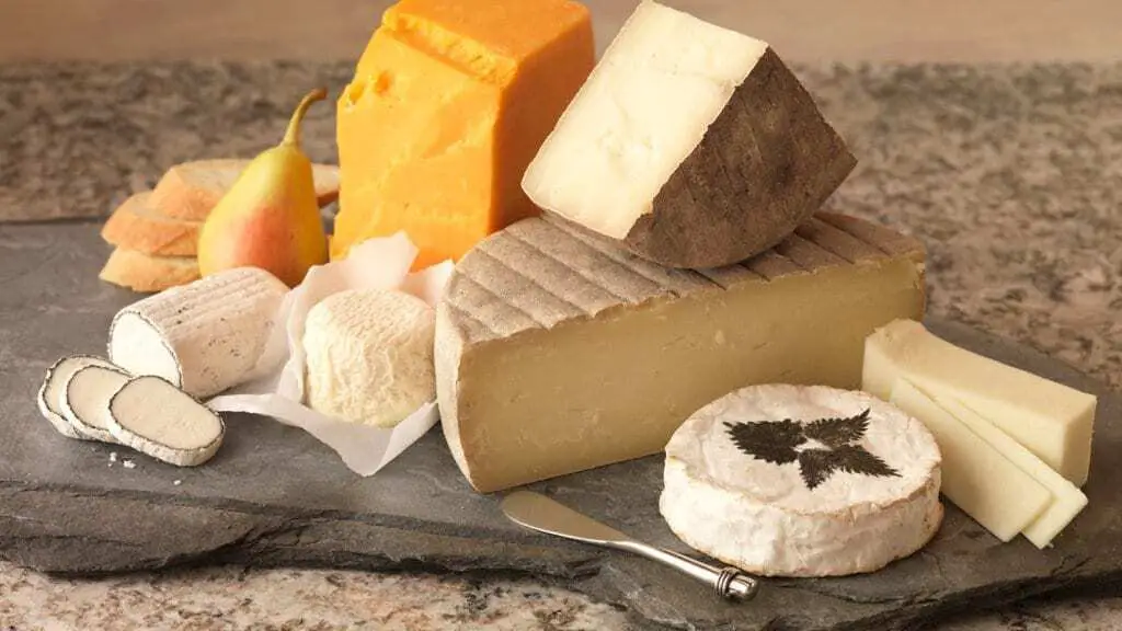 diferentes tipos de queijo, como harvarti, gouda, cheedar, jack