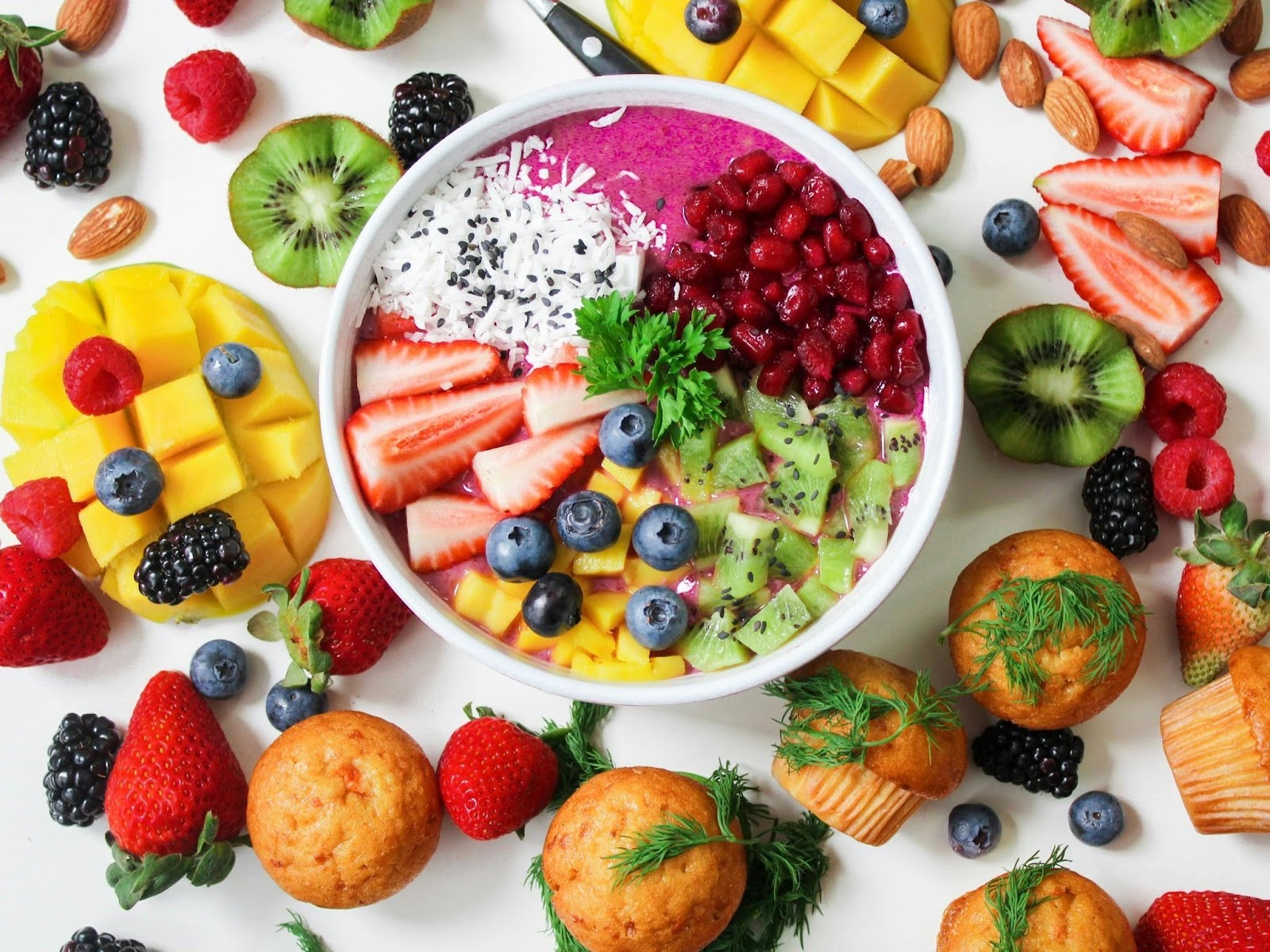 A bowl of fruit and muffins

Description automatically generated
