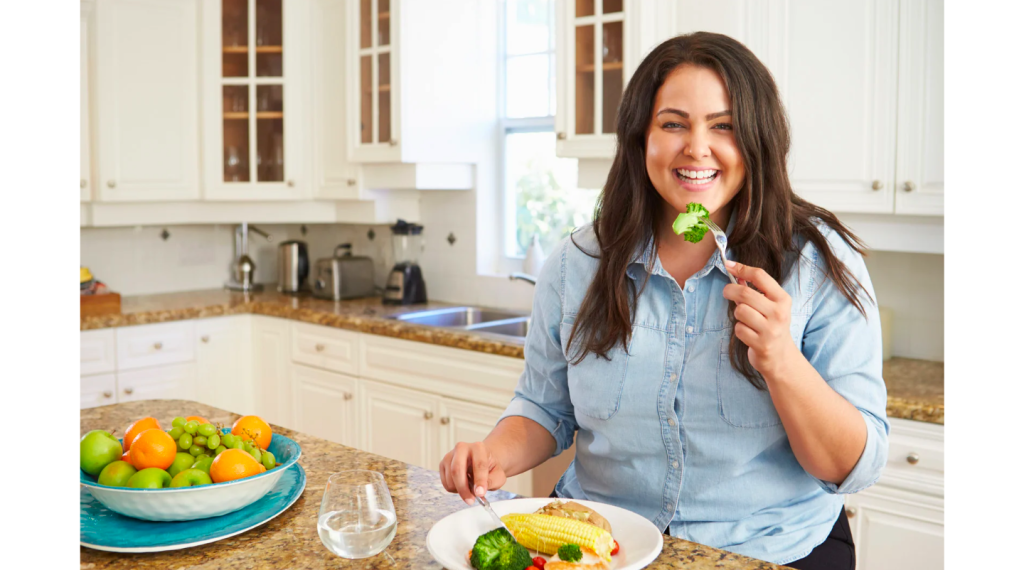 woman happy eating
